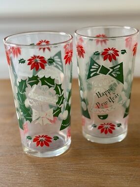 🎄 Vintage Hazel-Atlas Christmas & New Year Glass Pair | 1950s MCM Holiday | HTF